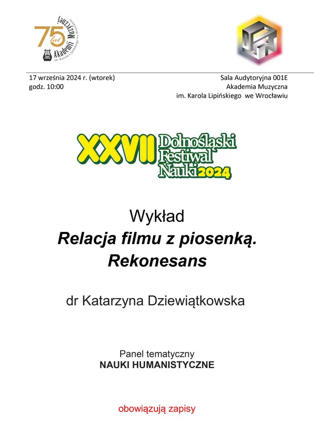 Wykład &bdquo;Relacja filmu z piosenką. Rekonesans&rdquo;