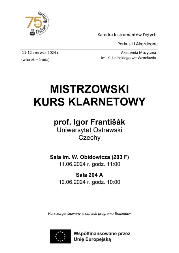 Mistrzowski Kurs Klarnetowy - prof. Igor Franti&scaron;&aacute;k