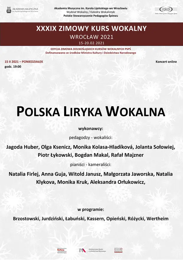 Polska liryka wokalna - koncert w ramach XXXIX Zimowego Kursu Wokalnego