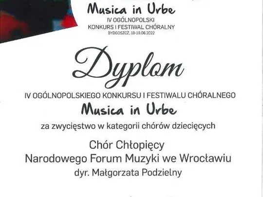 MusicaInUrbe2022 za zwycięstwo w kategorii ch&oacute;r&oacute;w dziecięcych.jpg