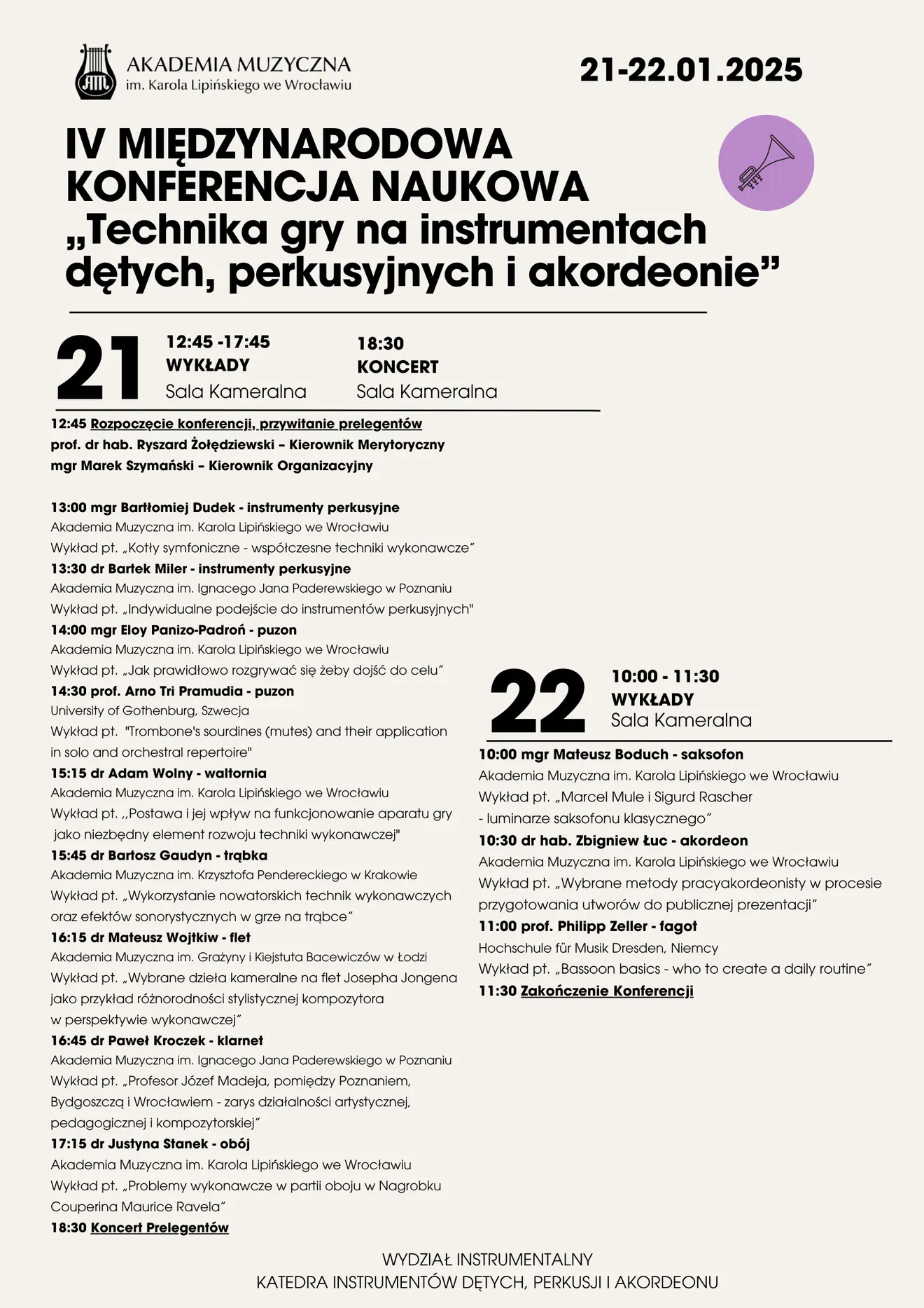 IV MIĘDZYNARODOWA KONFERENCJA NAUKOWA „Technika gry na instrumentach dętych, perkusyjnych i akordeonie”