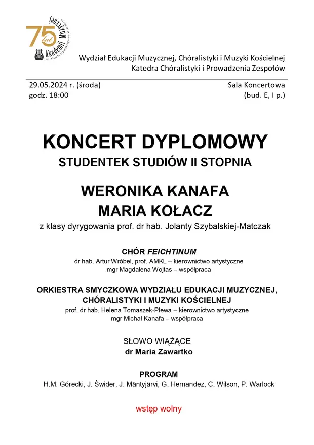 Koncert Dyplomowy Student&oacute;w Studi&oacute;w II stopnia kierunku Edukacja muzyczna w zakresie sztuki muzycznej