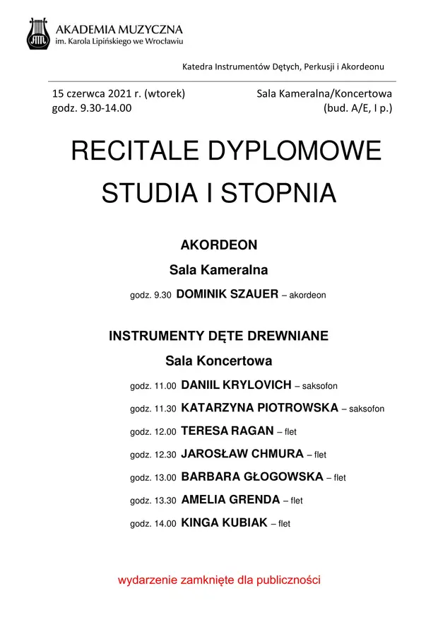 Recitale dyplomowe - studia I stopnia