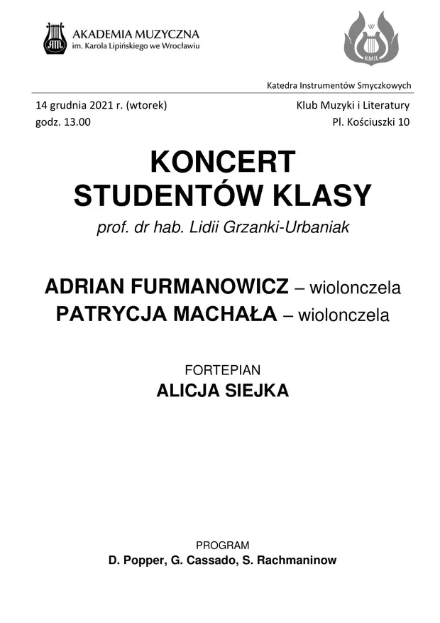 Koncert student&oacute;w klasy prof. dr hab. Lidii Grzanki-Urbaniak