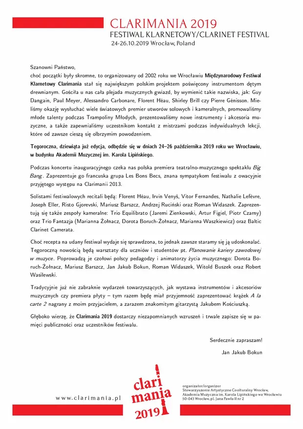 Międzynarodowy Festiwal Klarnetowy Clarimania 2019