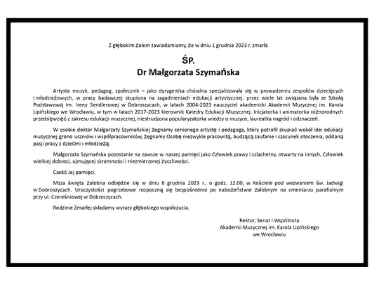 Odeszła ŚP. dr Małgorzata Szymańska