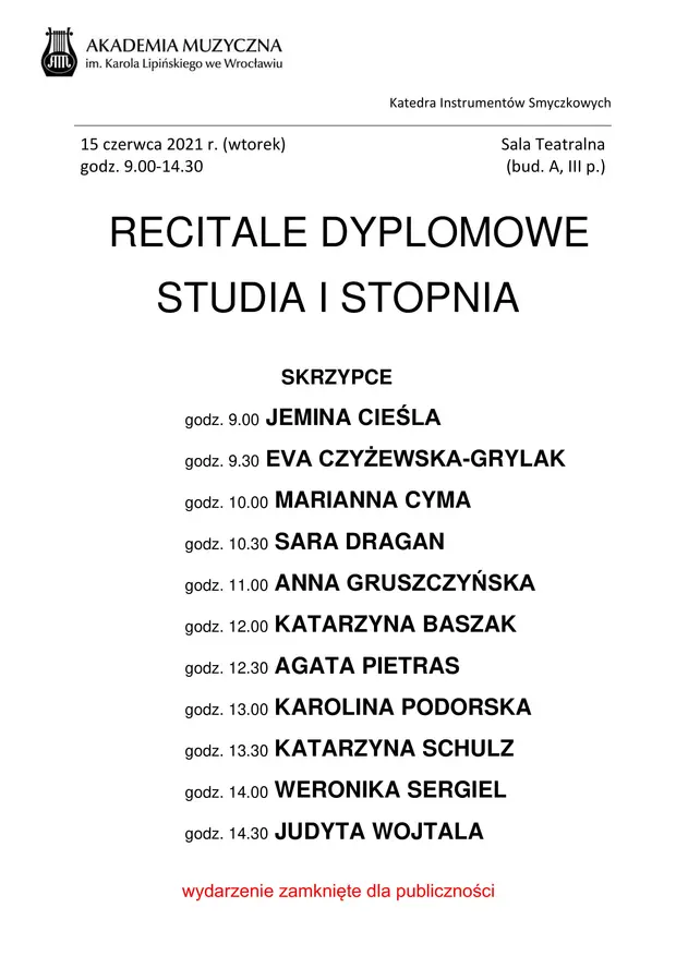 Recitale dyplomowe klasy skrzypiec