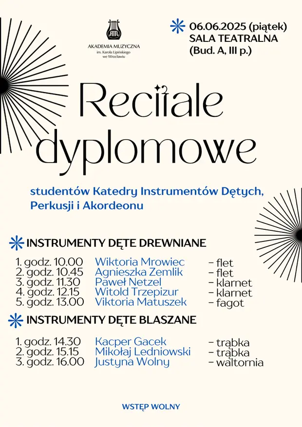 Recitale dyplomowe student&oacute;w Katedry Instrument&oacute;w Dętych, Perkusji i Akordeonu