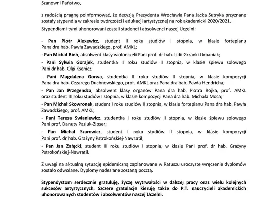 Stypendia Prezydenta Wrocławia dla student&oacute;w i absolwent&oacute;w naszej Uczelni