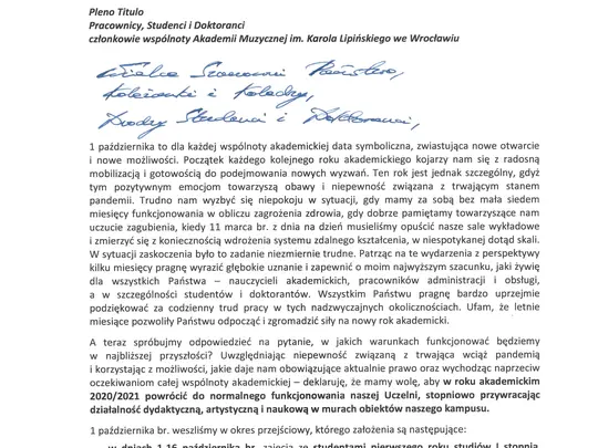 List JM Rektora prof. dra hab. Krystiana Kiełba do wsp&oacute;lnoty akademickiej z okazji rozpoczęcia roku akademickiego 2020/2021