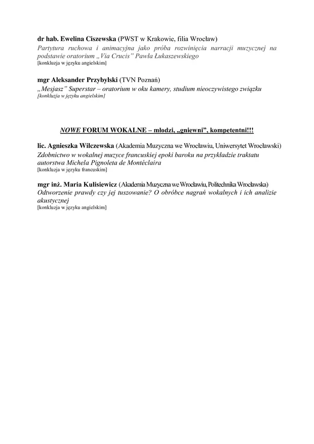 XLVII Sesja Naukowa Muzyka oratoryjna i kantatowa w aspekcie praktyki wykonawczej -  Między oratorium a operą: AD 2020
