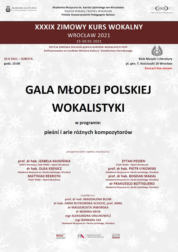 Gala młodej polskiej wokalistyki - koncert finałowy w ramach XXXIX Zimowego Kursu Wokalnego