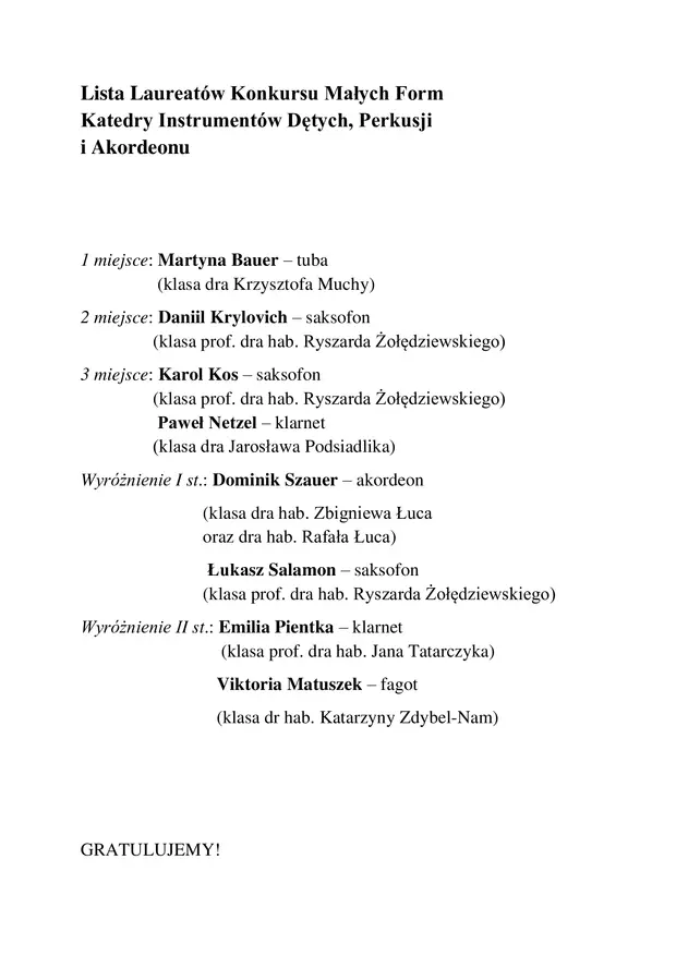 Konkurs Małych Form Katedry Instrument&oacute;w Dętych, Perkusji i akordeonu