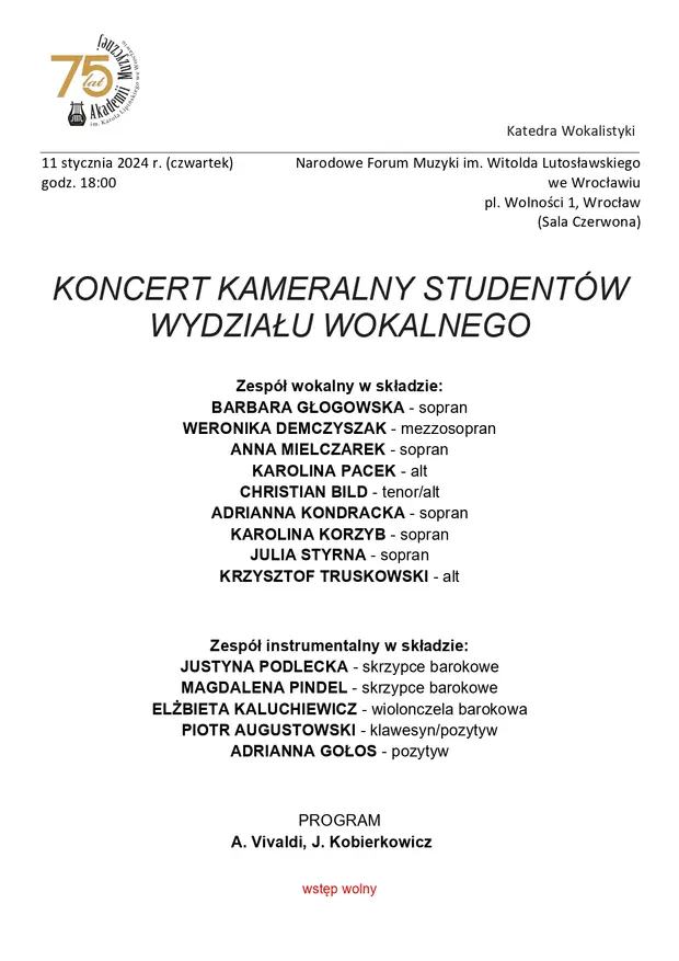 Koncert Kameralny Student&oacute;w Wydziału Wokalnego