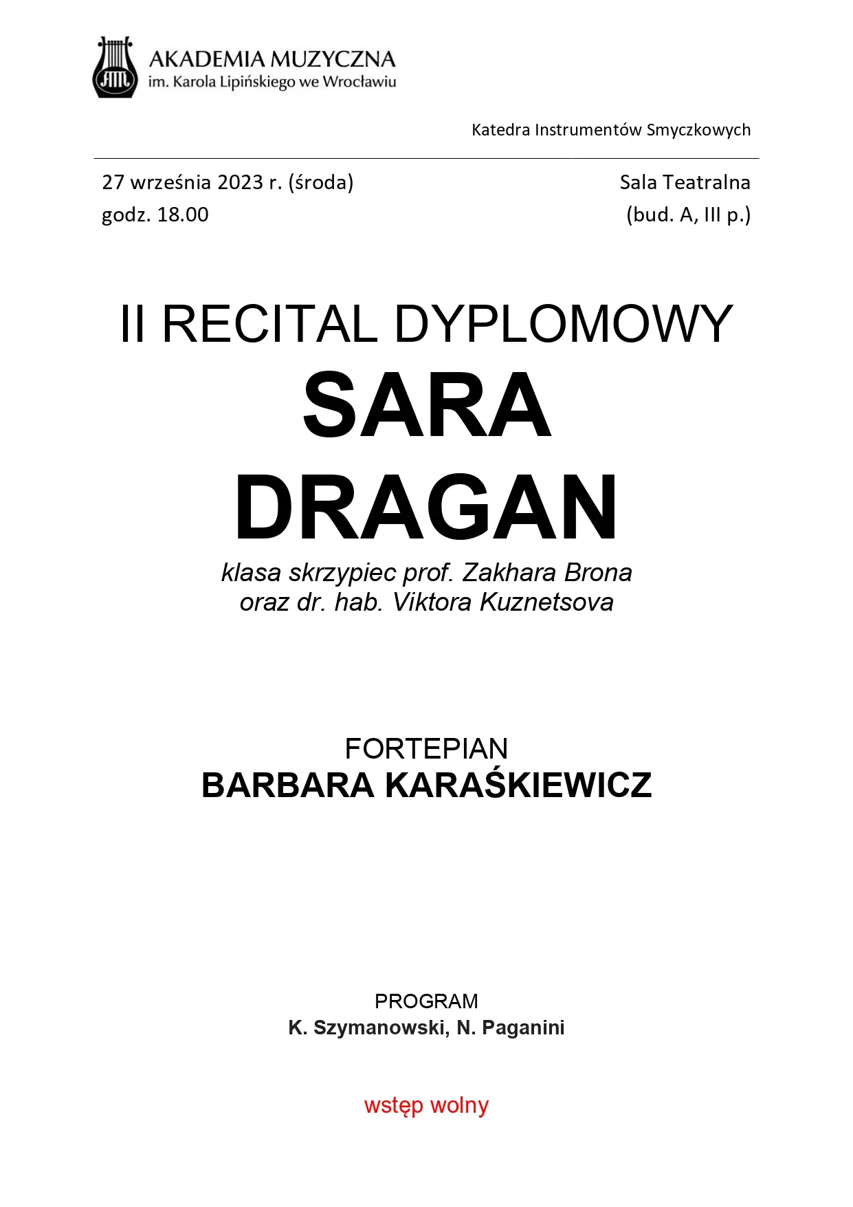 II Recital Dyplomowy Sary Dragan