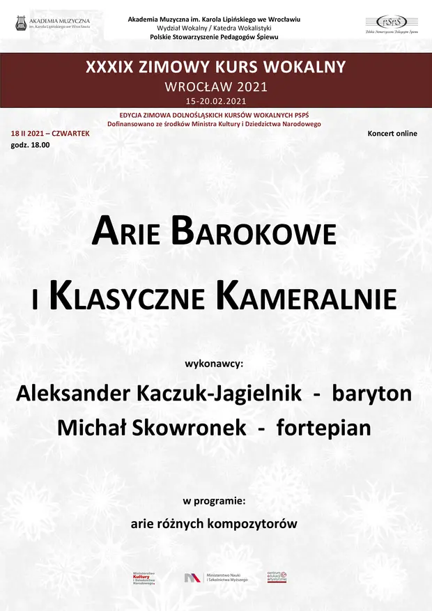 Arie barokowe i klasyczne kameralnie - koncert w ramach XXXIX Zimowego Kursu Wokalnego