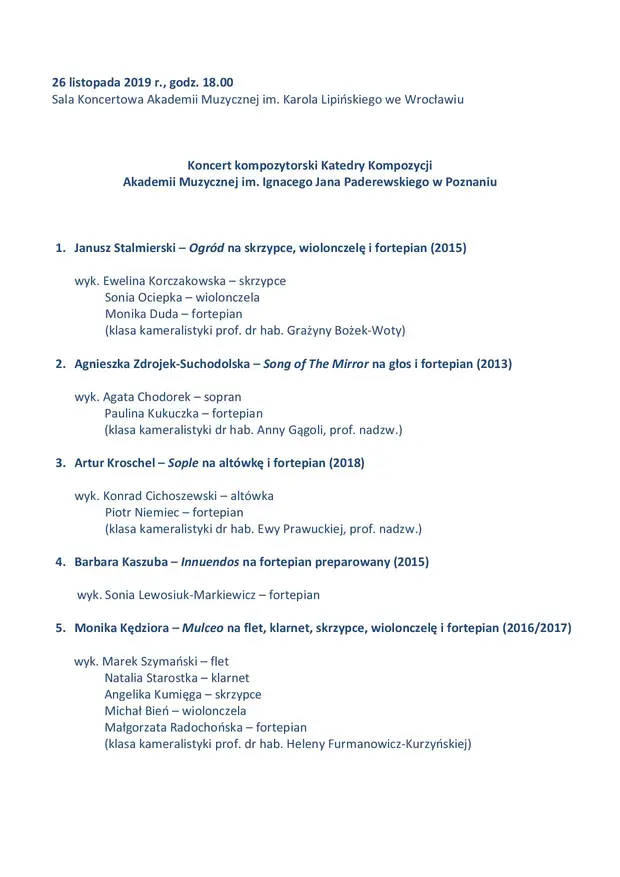 Koncert Kompozytorski Katedry Kompozycji Akademii Muzycznej im. Ignacego Jana Paderewskiego w Poznaniu