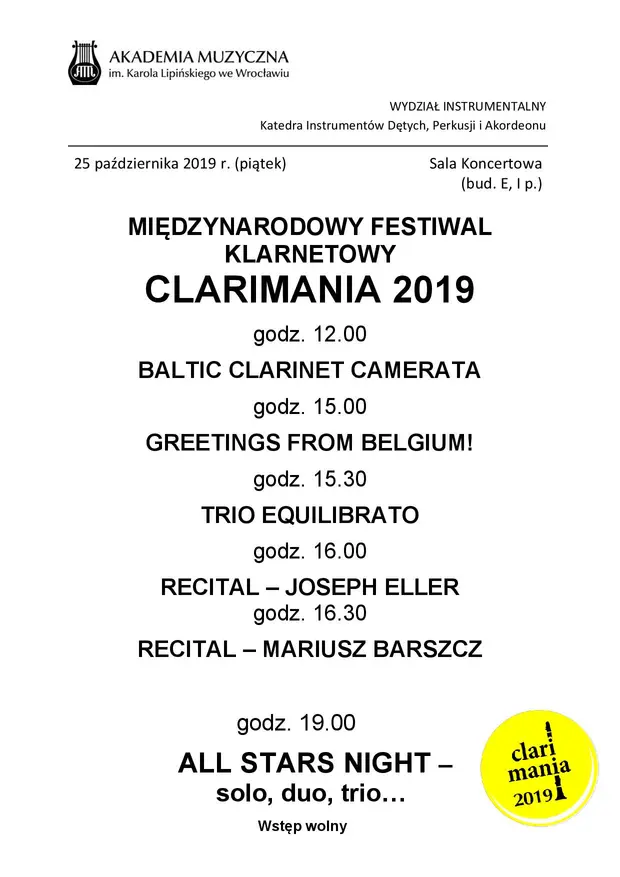 Międzynarodowy Festiwal Klarnetowy Clarimania 2019
