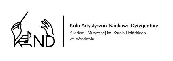 logotyp Koła Naukowego Dyrygentury. Czarno-biały obrazek: dwie dłonie i ósemka wpisane w skrótowiec KAND, jedna z nich trzyma batutę.