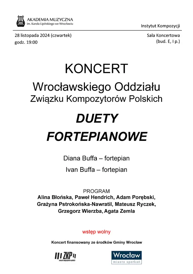 Koncert Wrocławskiego Oddziału Związku Kompozytor&oacute;w Polskich &bdquo;Duety fortepianowe&rdquo;