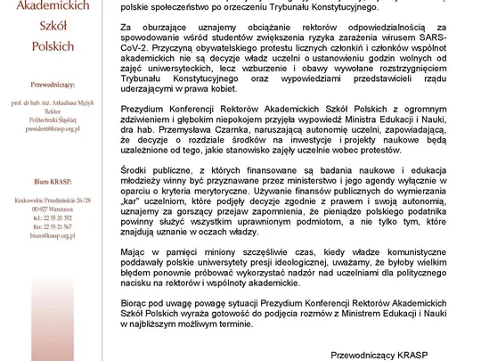 Stanowiska og&oacute;lnopolskich gremi&oacute;w akademickich dotyczące aktualnej sytuacji społecznej w naszym kraju