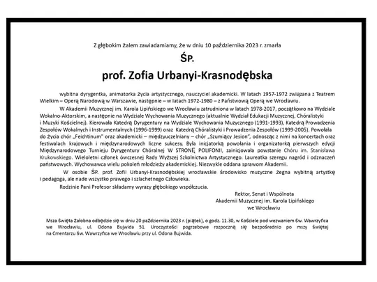 Odeszła ŚP. prof. Zofia Urbanyi-Krasnodębska