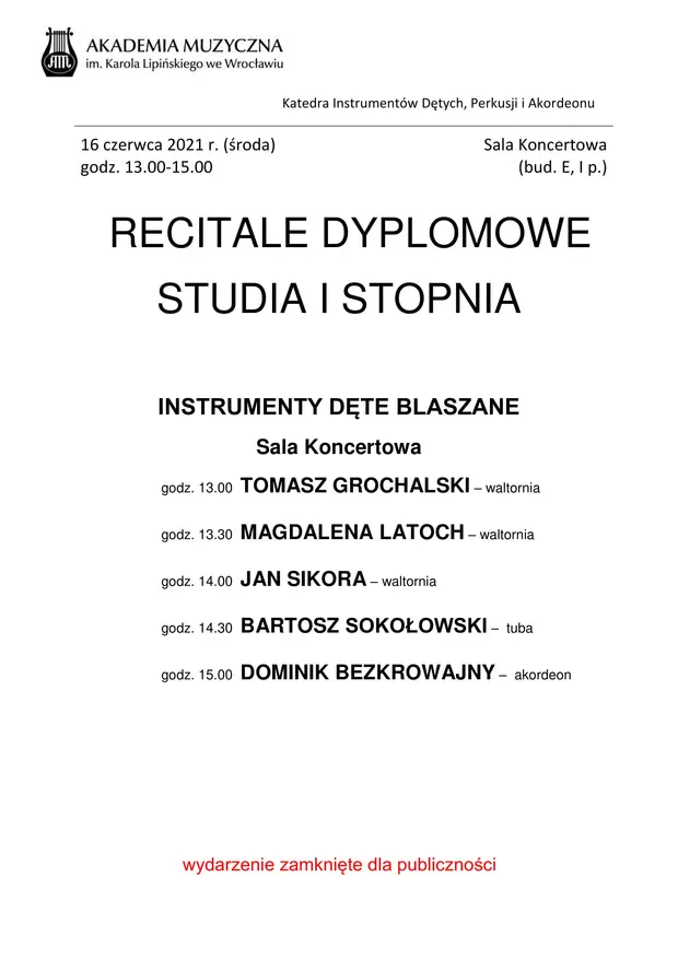 Recitale dyplomowe - studia I stopnia