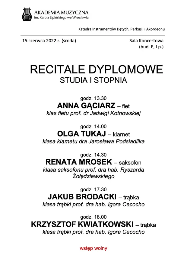 Recitale dyplomowe Katedry Instrument&oacute;w Dętych, Perkusji i Akordeonu