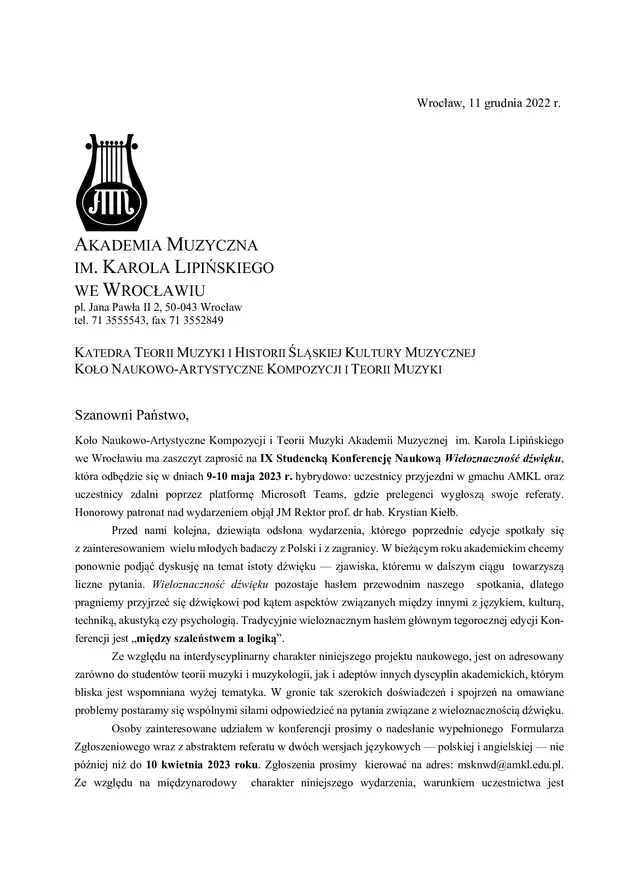 IX Studencka Konferencja Naukowa Wieloznaczność Dźwięku