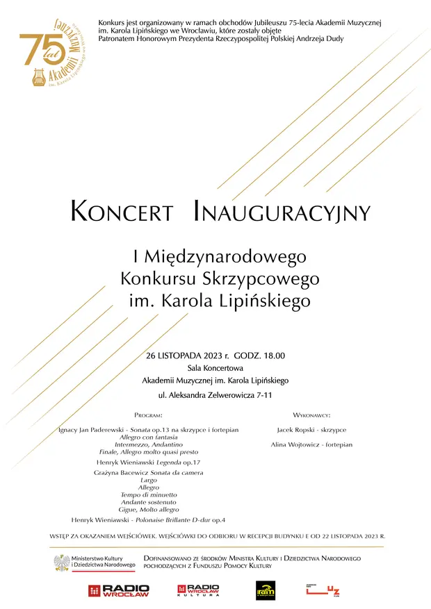 Koncert Inauguracyjny I Międzynarodowego Konkursu Skrzypcowego im. Karola Lipińskiego