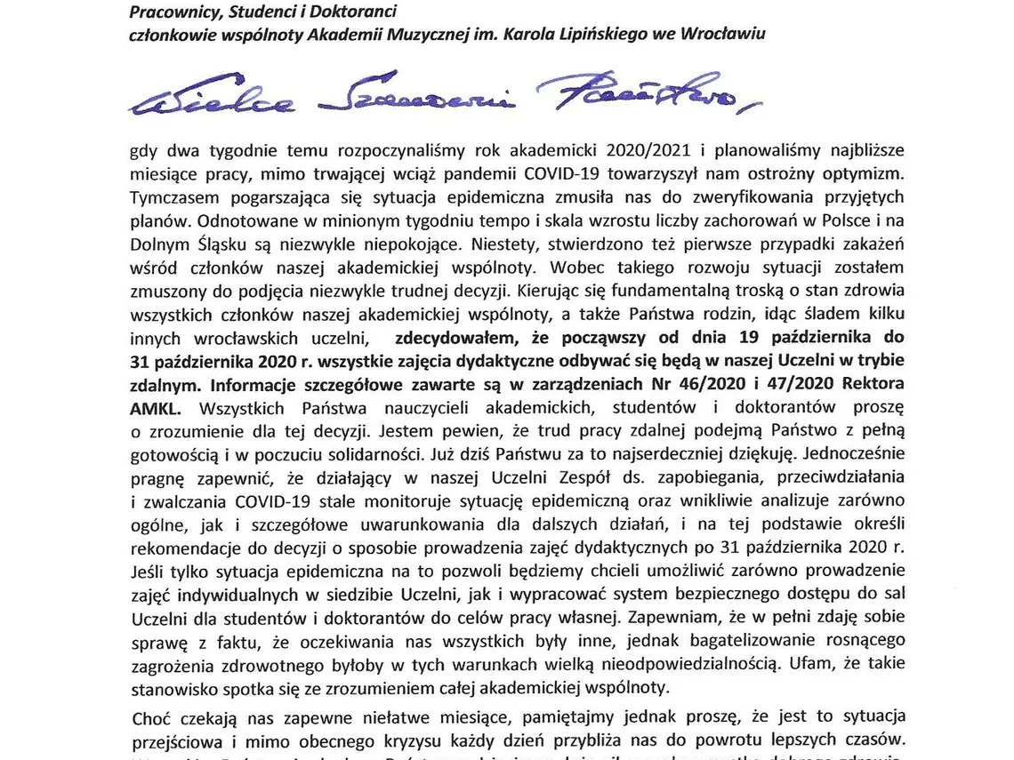 List JM Rektora do P.T. członków wspólnoty AMKL z dnia 15 października 2020 r..jpg