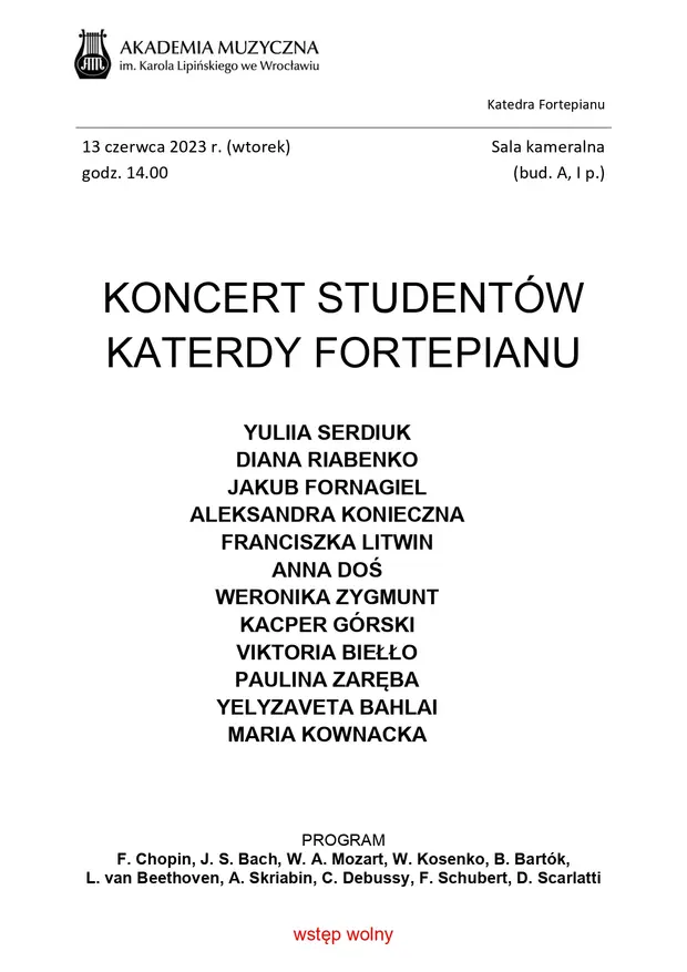 Koncert student&oacute;w Katedry Fortepianu