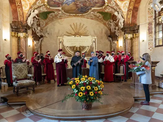 Doktor Honoris Causa AMKL - prof. dr hab. Marek Pijarowski, promotor postępowania o nadanie tytułu Doktora Honoris Causa  - prof. Tadeusz Strugała oraz Rektor Akademii Muzycznej - prof. dr hab. Krystian Kiełb