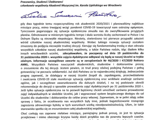 List JM Rektora do P.T. członk&oacute;w wsp&oacute;lnoty AMKL z dnia 15 października 2020 r..jpg