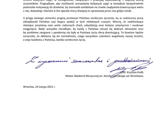 List JM Rektora do P.T. członk&oacute;w wsp&oacute;lnoty AMKL z dnia 24 lutego 2021 r.