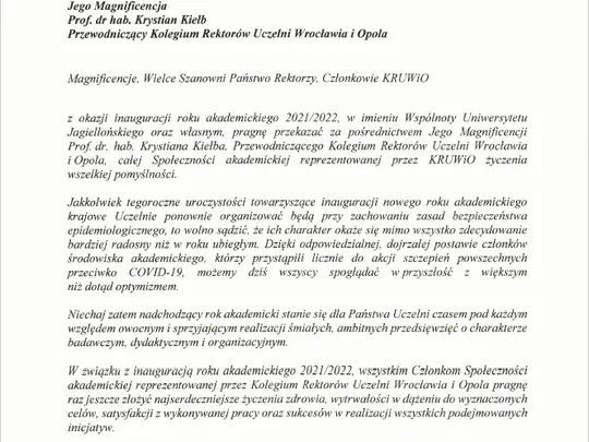 List od Jego Magnificencji Rektora Uniwersytetu Jagiellońskiego prof. dra hab. Jacka Popiela