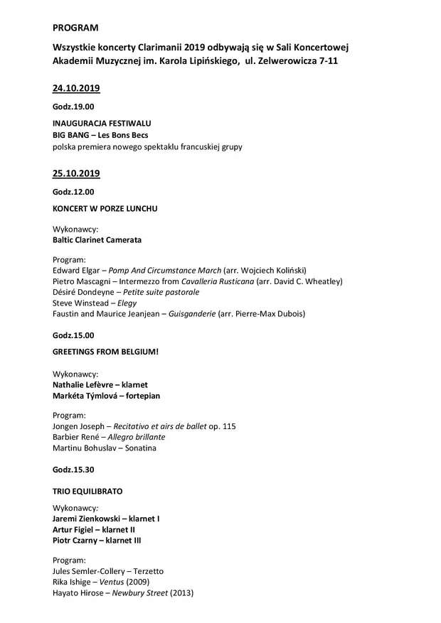 Międzynarodowy Festiwal Klarnetowy Clarimania 2019