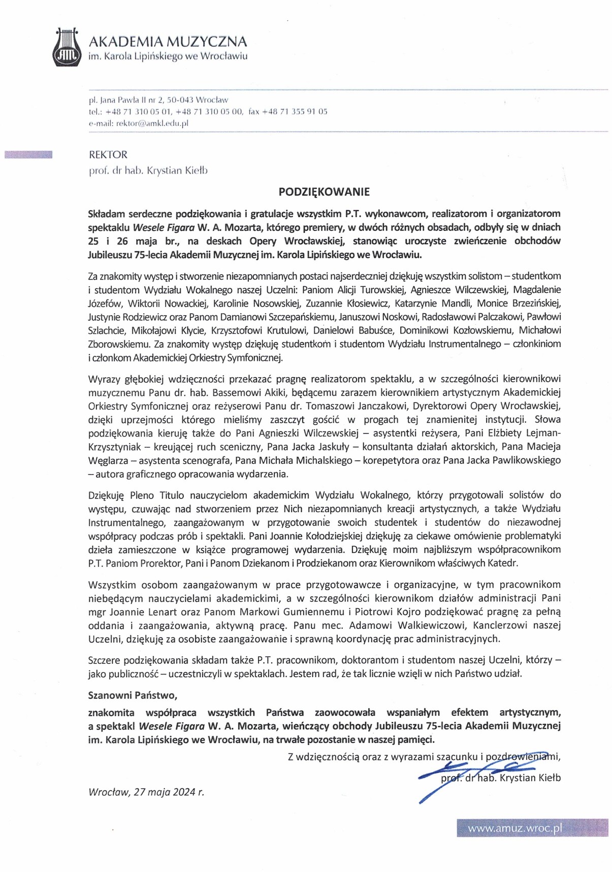 Spektakl Wesele Figara z okazji Uroczystego Zamknięcia Obchodów Jubileuszu 75-lecia Akademii Muzycznej im. Karola Lipińskiego
