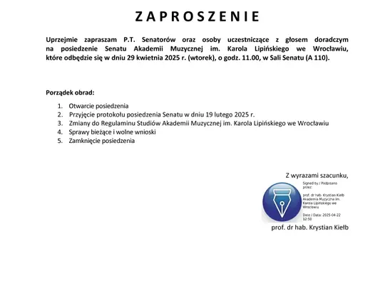Zaproszenie do udziału w posiedzeniu Senatu