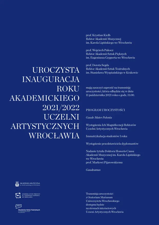 Uroczysta Inauguracja Roku Akademickiego 2021/2022 Uczelni Artystycznych Wrocławia