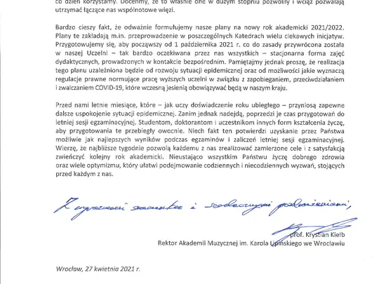 List JM Rektora do P.T. członk&oacute;w wsp&oacute;lnoty AMKL z dnia 27 kwietnia 2021 r.
