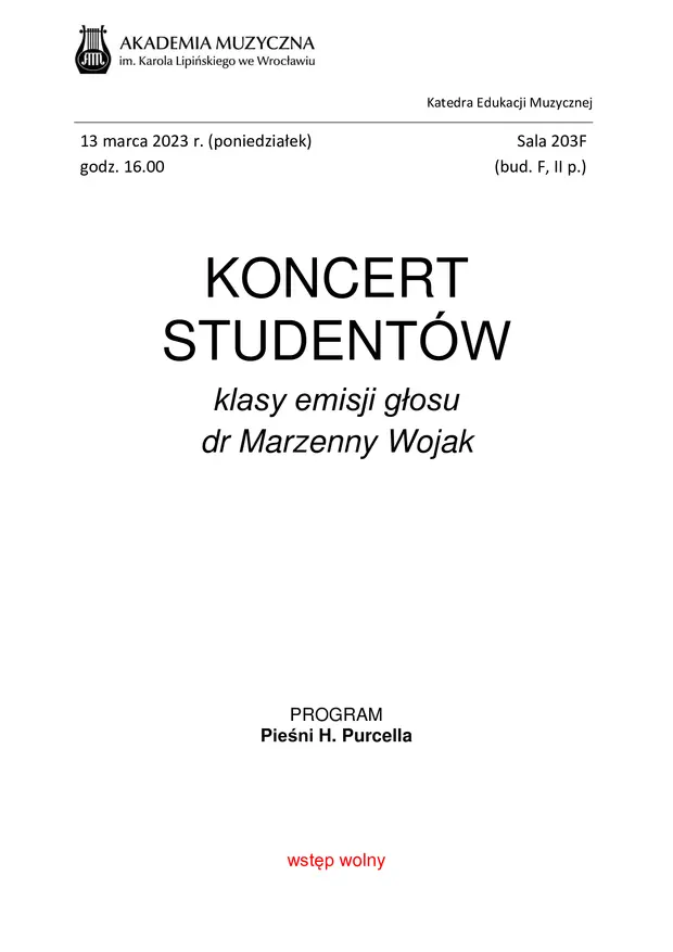 Koncert student&oacute;w klasy emisji głosu