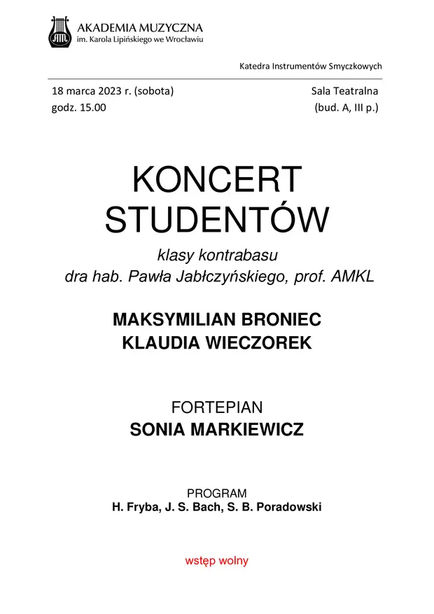 Koncert student&oacute;w klasy kontrabasu
