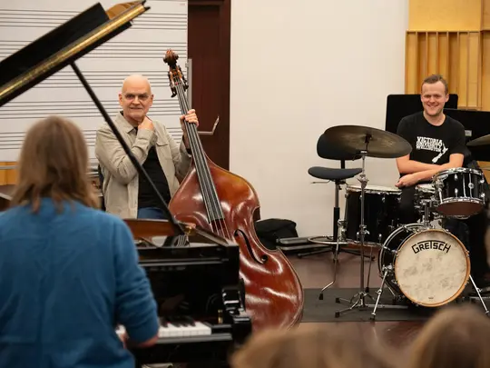Leszek Możdżer, Lars Danielsson and participant of the Jazz Masterclass workshop Możdżer Danielsson Fresco
