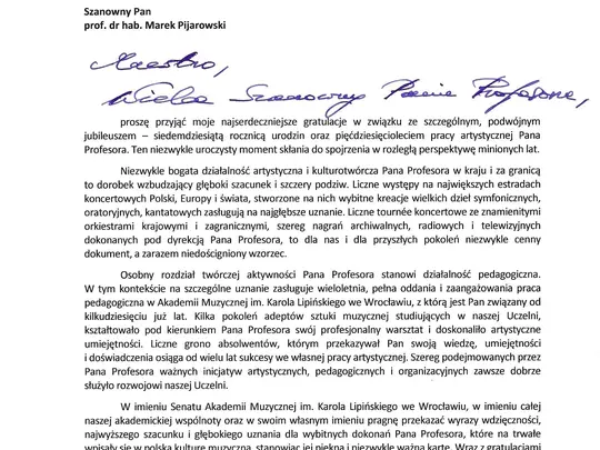 Podw&oacute;jny Jubileusz wybitnego artysty, cenionego dyrygenta, znakomitego pedagoga &ndash; prof. dra hab. Marka Pijarowskiego