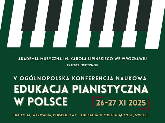 Plakat z grafiką klawiszy fortepianu w odcieniach zieleni, biei i czerni.