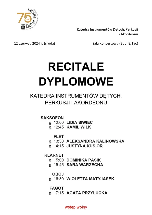 Recitale dyplomowe Katedry Instrument&oacute;w Dętych, Perkusji i Akordeonu