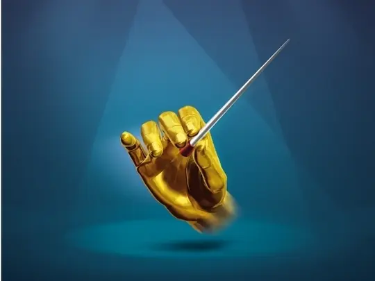 Złota dłoń na ciemnoniebieskim tle trzymająca batutę