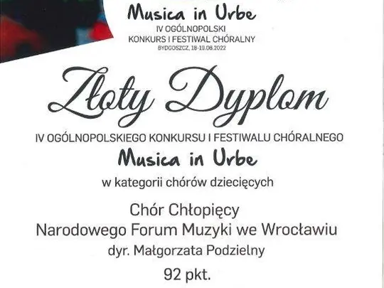 MusicaInUrbe2022 Złoty Dyplom w kategorii ch&oacute;r&oacute;w dziecięcych.jpg