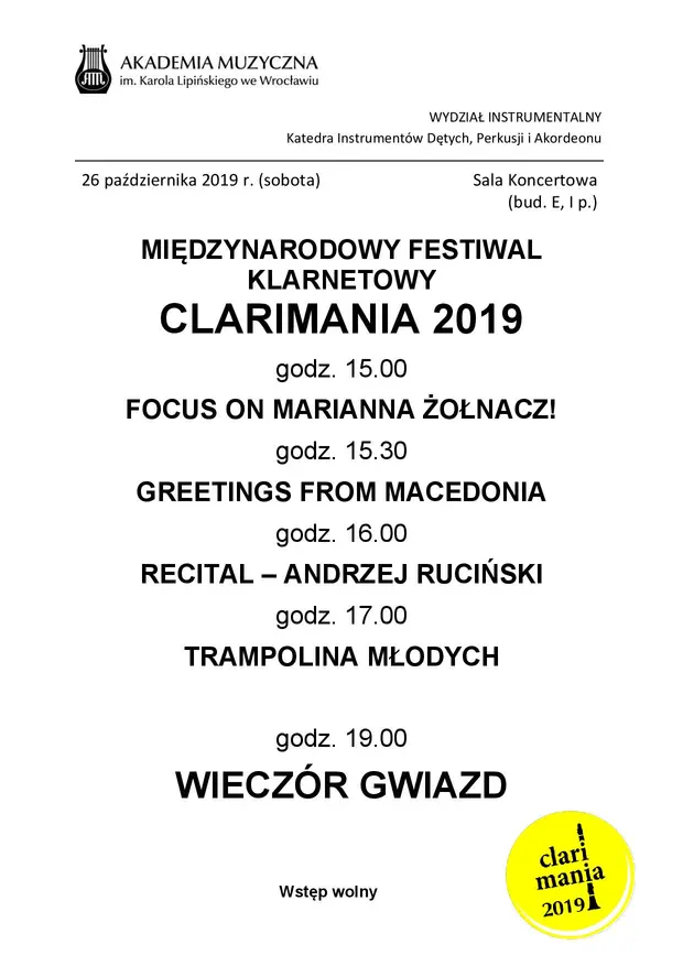 Międzynarodowy Festiwal Klarnetowy Clarimania 2019
